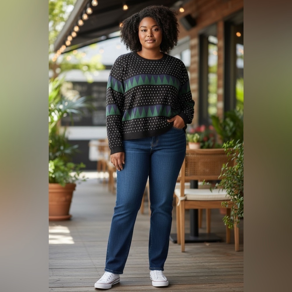 Eloquii Relaxed Fit Knit Crop Crew Neck-Black/White/Green/Blue Graphic-Size18/20